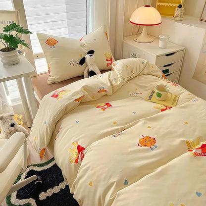 Cream-colored cotton cartoon printed bedding set with playful cookie and fries prints for bedroom decorbites collection