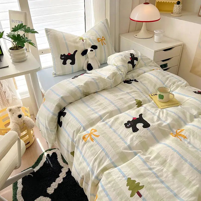 Cute white and light blue striped decorbites cartoon printed bedding set with black cat and yellow bow appliqués
