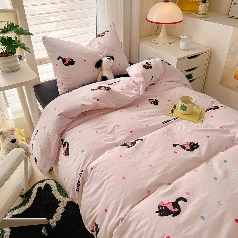 Pink cat-themed bedding sets featuring black cats with pink bows and colorful polka dots for decorbites cartoon printed decor