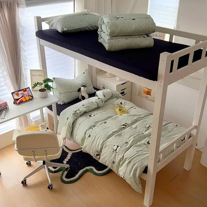 White wooden bunk bed with black mattress toppers and light green panda decorbites cartoon printed bedding sets