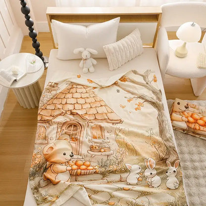 Cozy cream-colored decorbites cartoon printed cotton blanket with teddy bear and bunnies for bedroom or sofa use