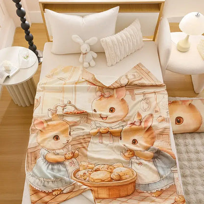 Cartoon printed cotton blanket beige bunny themed with three bunnies baking pastries in a cozy kitchen decorbites design