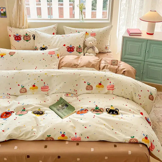 Cream-colored cartoon printed cotton duvet cover featuring playful bears and pastel dessert motifs by decorbites