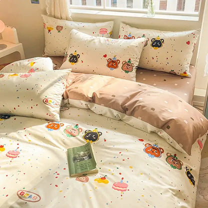 Cute pastel-colored cream duvet cover with decorbites cartoon printed cotton fabric featuring playful bear designs