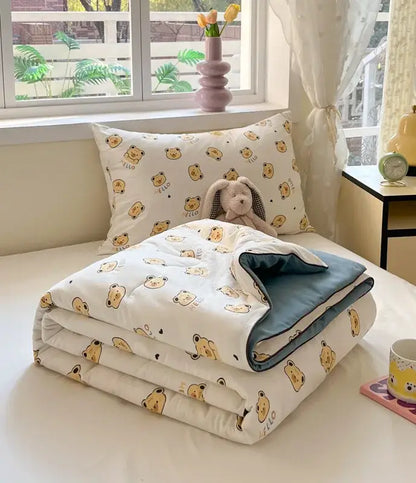 White quilt cooling blanket with yellow bear faces and hello text, soft blue lining for decorbites cartoon printed summer use