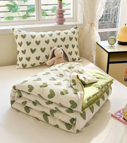 A cozy cotton cooling blanket in white with olive green hearts and matching pillow decorbites cartoon printed summer quilt
