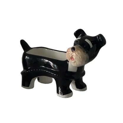 Black and white ceramic cartoon puppy schnauzer planter with glossy finish for dining room decor