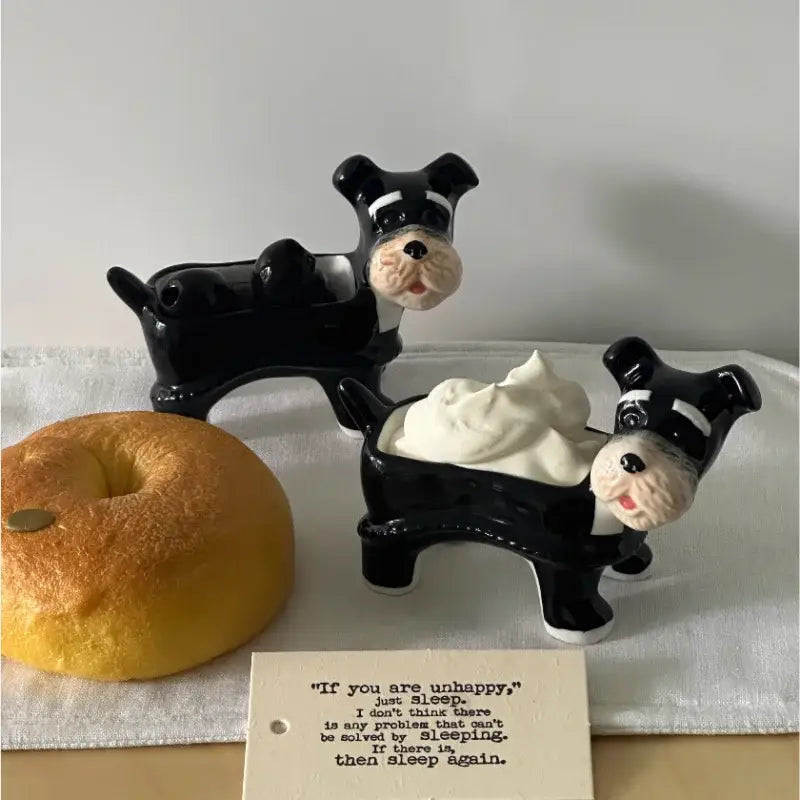 Black and white ceramic cartoon puppy schnauzer salt and pepper shakers with glossy finish for dining room decor