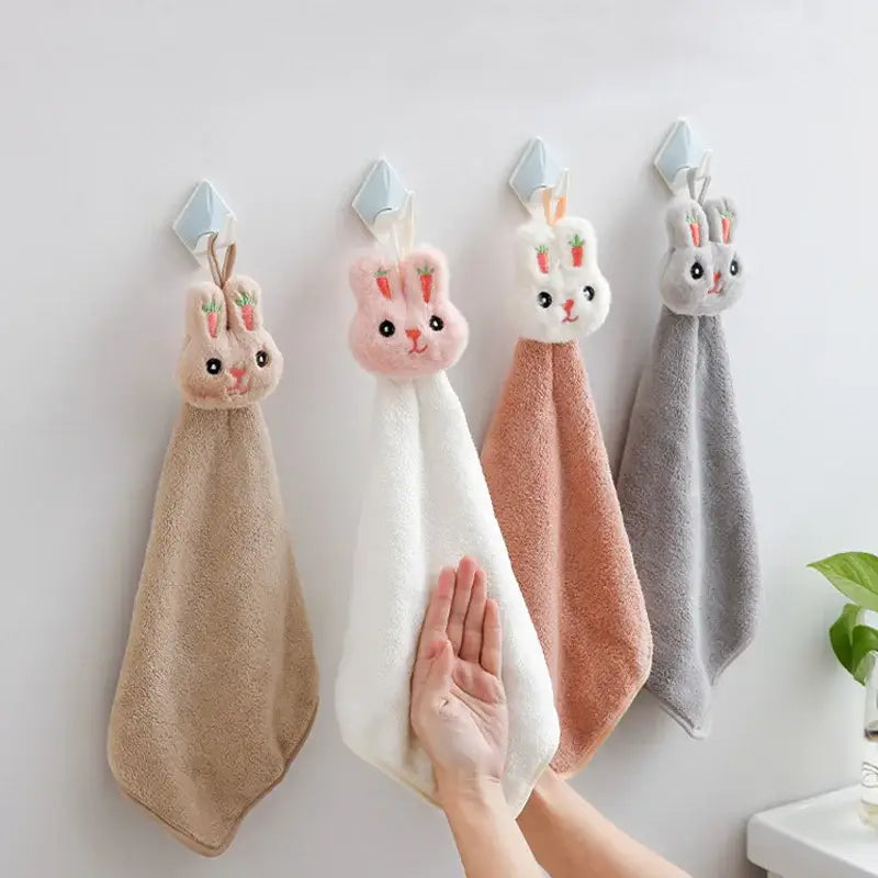 Soft plush cartoon rabbit hand towels in beige white peach and gray made of coral fleece quick dry terry cloth by decorbites cartoon rabbit
