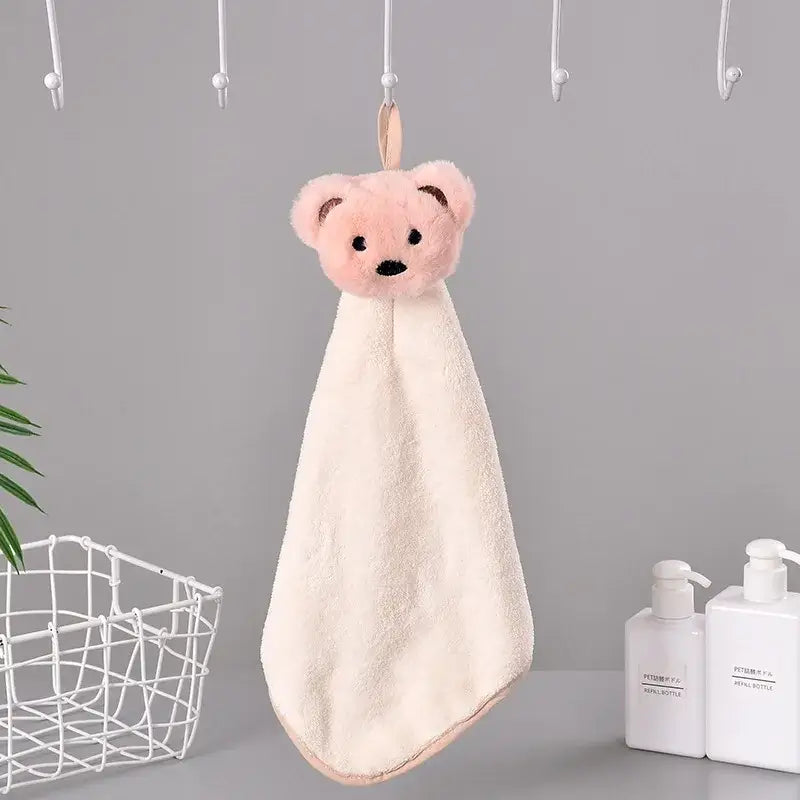 Pink plush bear-headed hand towel with cream fleece body and pink trim decorbites cartoon rabbit quick dry terry cloth