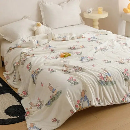 White duvet cover with pastel cartoon rabbits and flowers print cooling summer blanket for bedroom use
