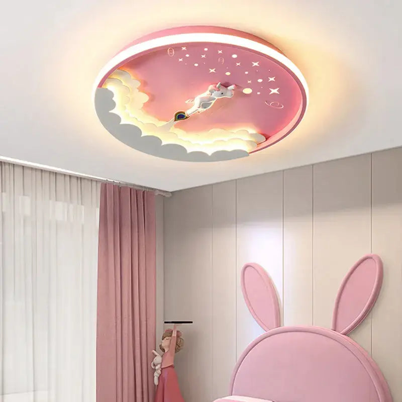 Pink cartoon rocket led ceiling light with rabbit flying through clouds and stars soft led ceiling illumination