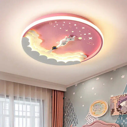 Pink circular led ceiling light with whimsical unicorn flying through clouds and starry night sky design for bedroom