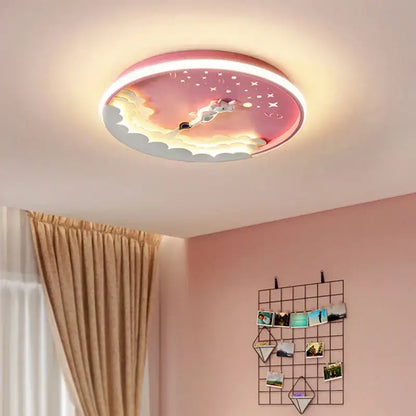 Rounded pink and white led ceiling light with clouds stars and cartoon character for bedroom space design