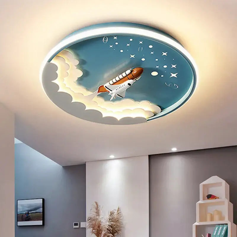 Circular led ceiling light with blue and orange cartoon rocket space design featuring stars moons and clouds for bedroom