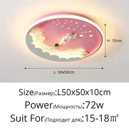 Pink oval led ceiling light with whimsical unicorn flying through clouds and stars featuring illuminated white border