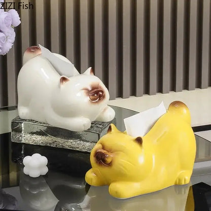 White and yellow ceramic cartoon siamese kitten tissue box with brown accents for living room decorbites decor