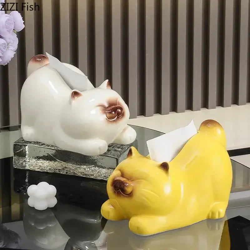 White and yellow ceramic cartoon siamese kitten tissue box with brown accents for living room decorbites decor