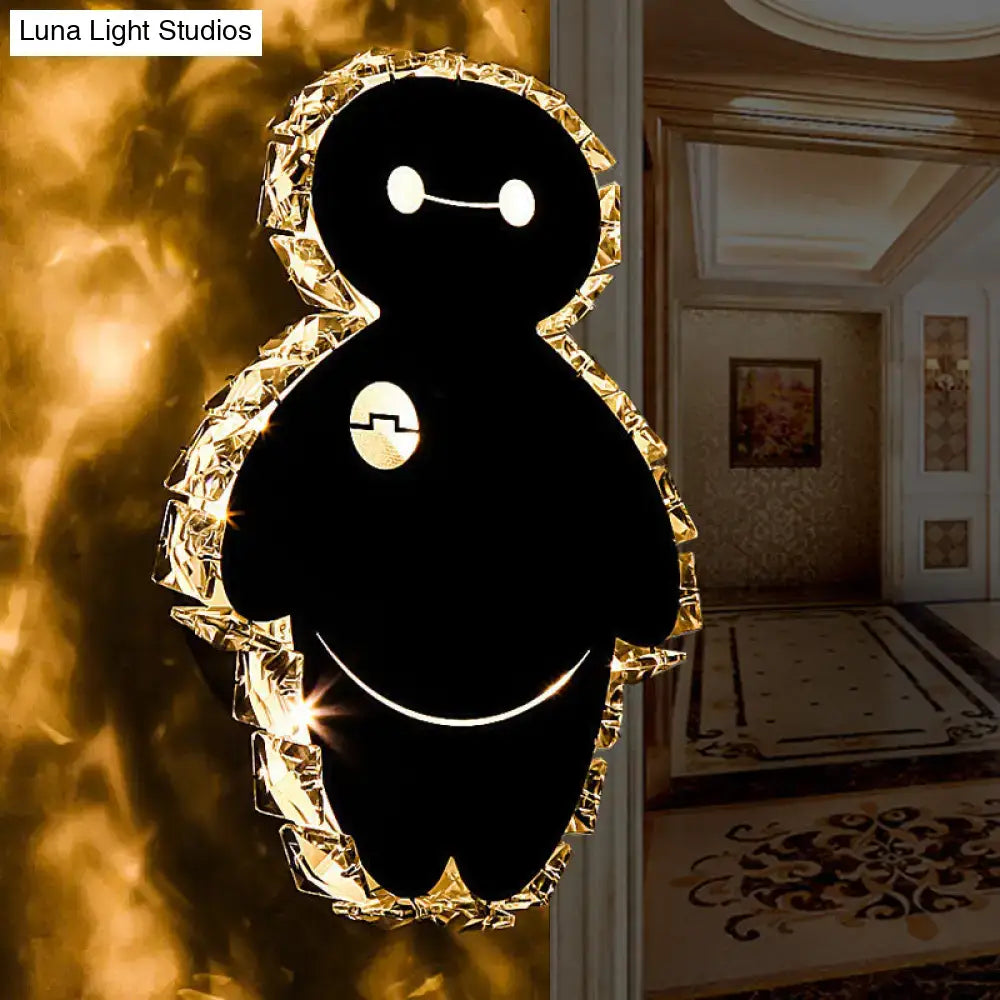 Black bixby-shaped cartoon snow man wall mount plush led light with gold crystal border and glowing white eyes for bedroom