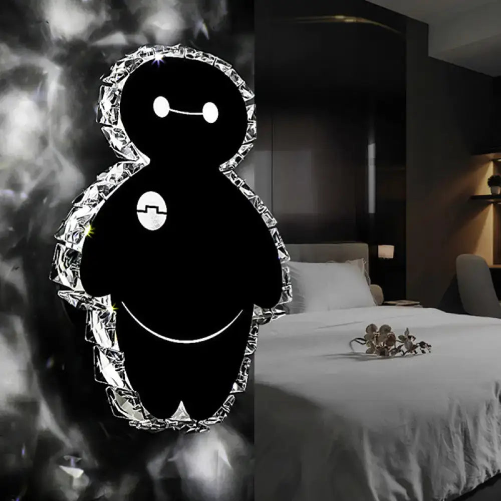 Black glossy baymax cartoon snow man wall mount plush led light outlined in silver crystals for bedroom decor