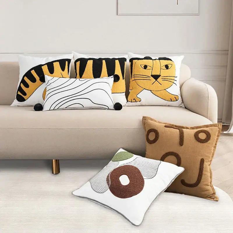 Yellow cotton pillow cover featuring cartoon tiger embroidered with black stripes for bedroom decorbites decor