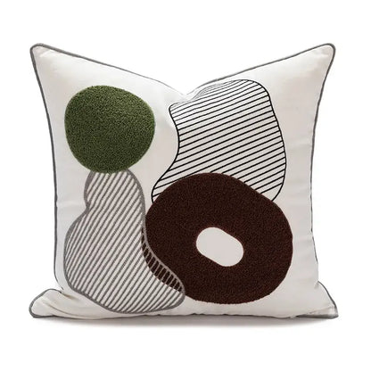 White throw pillow cover with abstract olive green and dark brown embroidered shapes for decorbites cartoon tiger decor