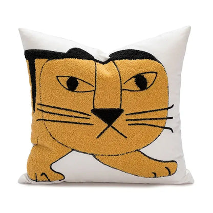 White cotton pillow cover featuring plush textured orange cartoon tiger embroidered face for bedroom decorbites decor