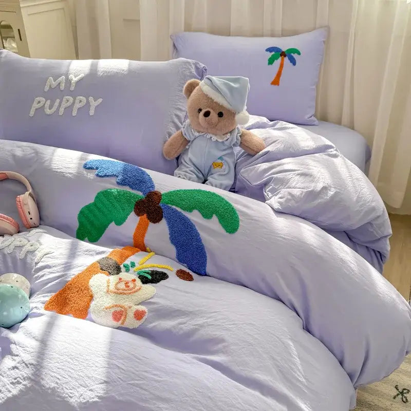 Lavender-colored bedding set with plush palm tree and puppy cartoon towel embroidery by decorbites for bedroom decor