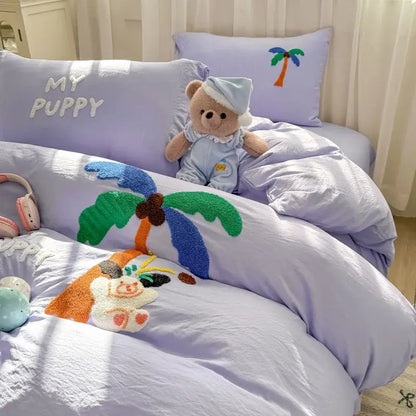 Lavender-colored bedding set with plush palm tree and puppy cartoon towel embroidery by decorbites for bedroom decor