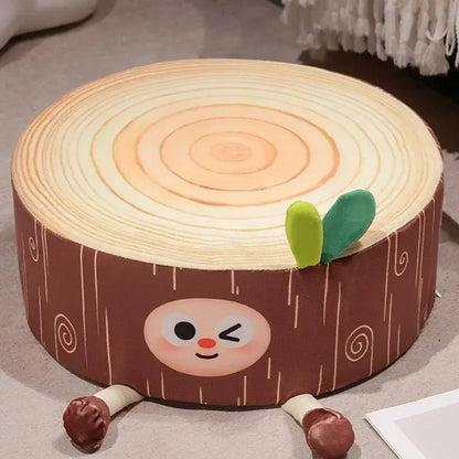 Cute brown plush cartoon tree stump cushion with smiling face green leafy topknot and wooden textured legs for decorbites decor