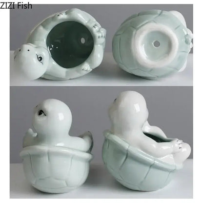 A light green cartoon turtle ceramic planter with glossy finish and detailed shell perfect for living room decorbites decor