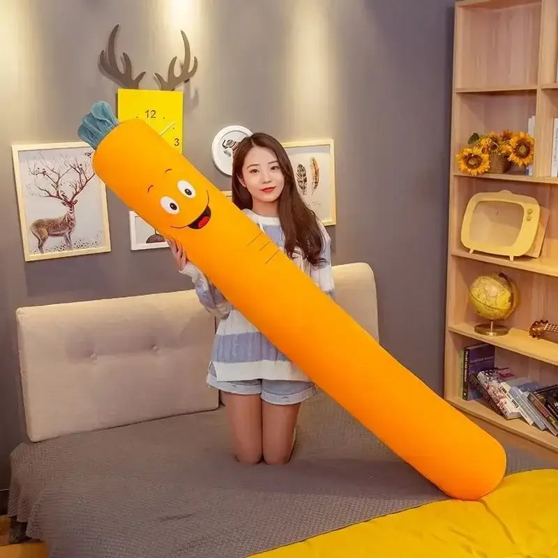Bright orange plush carrot comfort long body pillow with smiling face and green leafy top for bedroom decorbites comfort long use