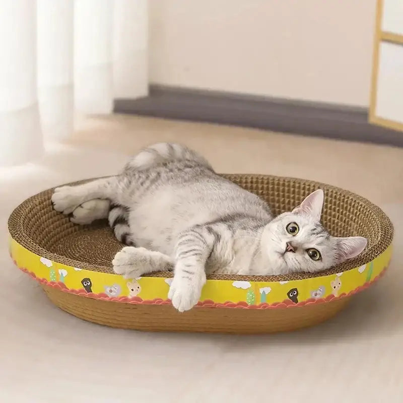 Yellow bordered oval cat scratch lounge bed with woven brown material and cartoon animal decals for living room use