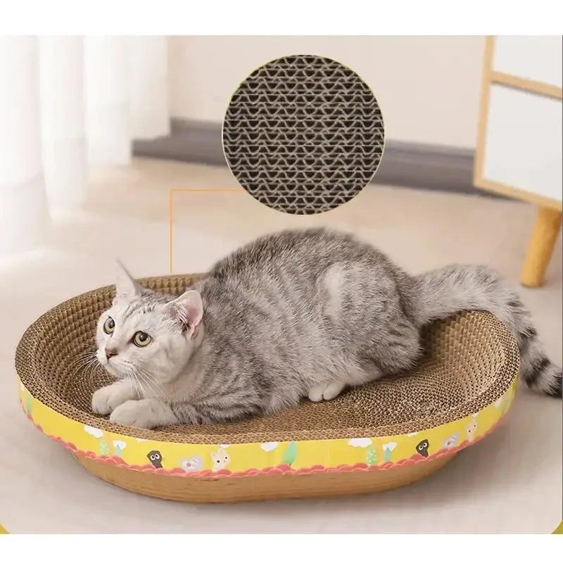 Yellow and brown cartoon cat scratch lounge bed with playful pattern around rim for living room use