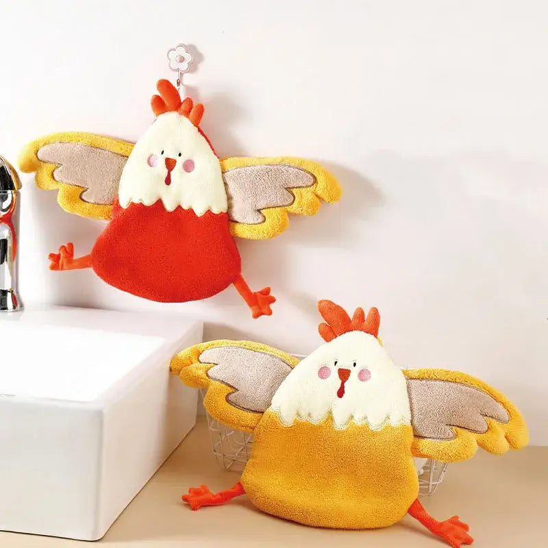 Cute plush chicken-shaped dish drying rack with red yellow body white head coral velvet hand towel decorbites coral velvet cartoon