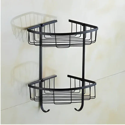 Black metal two-tier corner shelf with wire mesh baskets and curved hooks from decorbites carved flowers blackened copper set