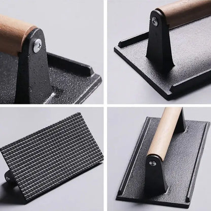 Black cast iron steak press plate with grid pattern and light wood handle for kitchen meat pressing use