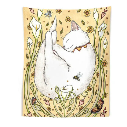 Cream-colored decorbites cat botanical flower wall tapestry with a sleeping white cat and delicate floral vines for bedroom decor