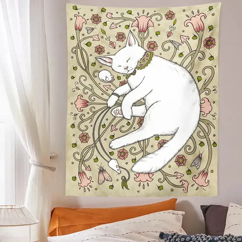 A cream-colored cat botanical flower wall tapestry featuring a sleeping white cat with pink and green floral vines decorbites cat botanical