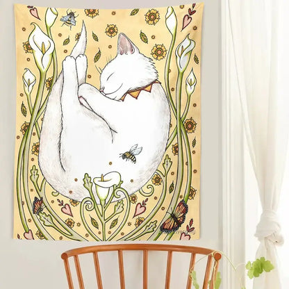 A cream cat botanical flower wall tapestry with a sleeping white cat in a garden for decorbites cat botanical decor