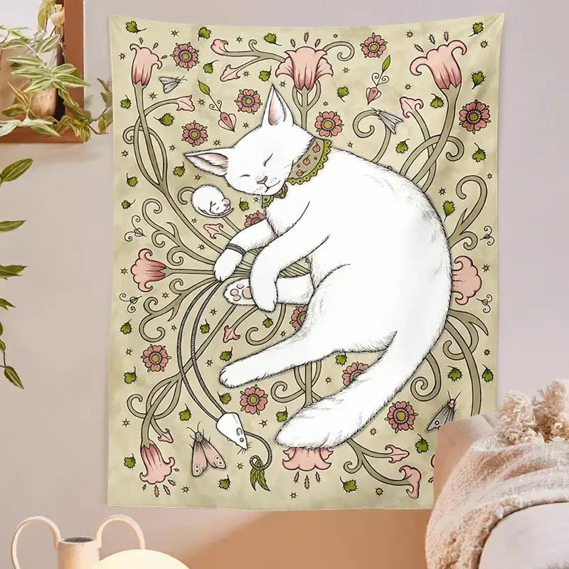 A soft cream-colored cat botanical flower wall tapestry featuring a serene white cat with pink blossoms for decorbites decor