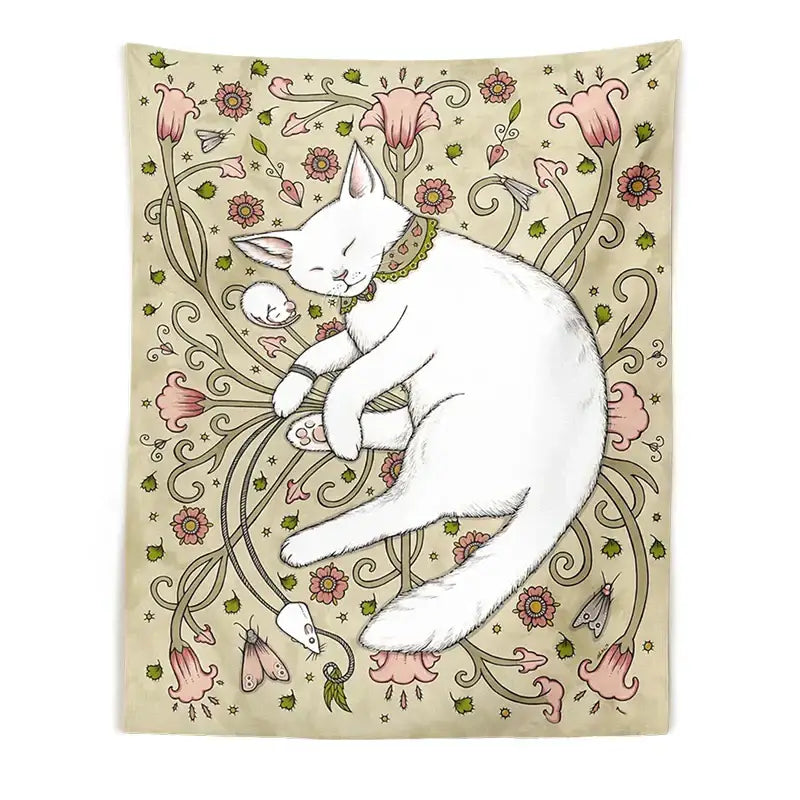A soft beige cat botanical flower wall tapestry featuring a white cat and art nouveau floral design for bedroom decorbites cat botanical decor
