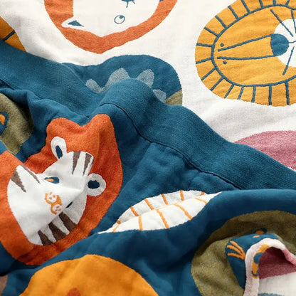 A plush pure cotton gauze towel blanket with vibrant orange teal cat cartoon animal embroidery for bedroom decorbites decor