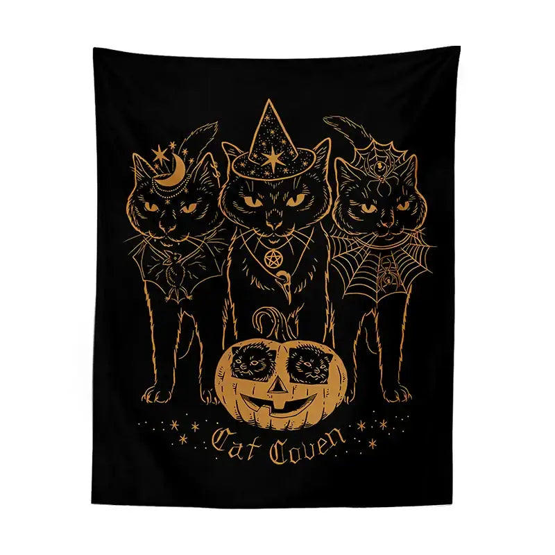 Black tapestry decorbites cat coven with three cats in witchcraft attire and gold foil details around a carved pumpkin
