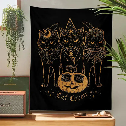 Black cat coven witchcraft tapestry with gold foil detailing on black fabric for decorbites cat coven bedroom wall art