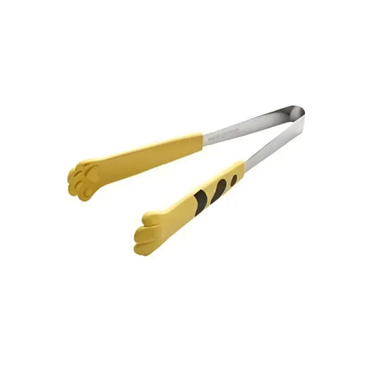 Yellow cat paw stainless steel food tongs with black accents and durable jaws for kitchen use