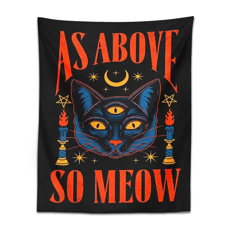 Black and blue cat tarot tapestry wall hanging features a three-eyed cat with candles and stars for bedroom decorbites cat tarot