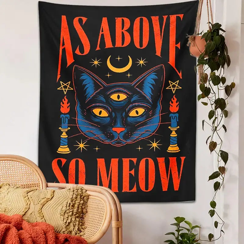Black and blue decorbites cat tarot tapestry wall hanging featuring a three-eyed cat with candles and stars decor