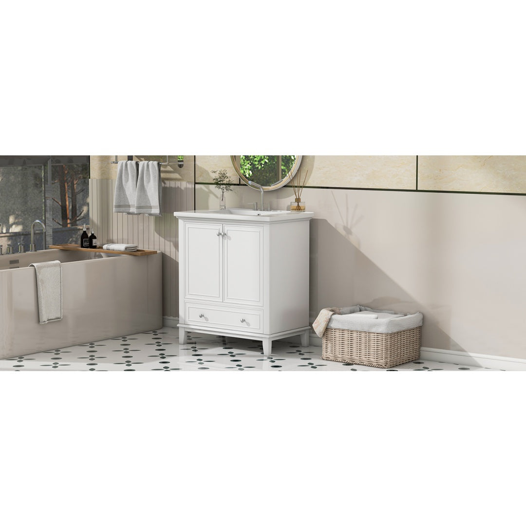30 Bathroom Vanity With Sink Combo, Multi-functional Bathroom Cabinet With Doors And Drawer, Solid Frame And MDF Board, White
