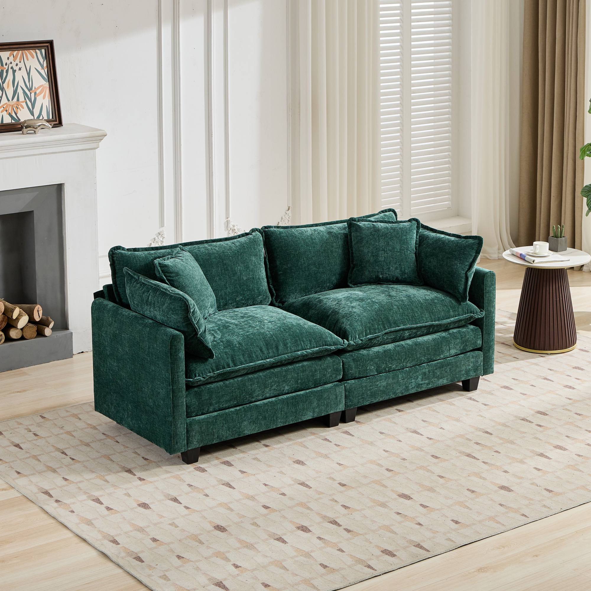Green Chenille Double Sofa Double-Layer Cushions